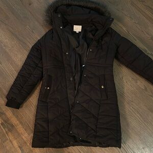 Long black hooded coat